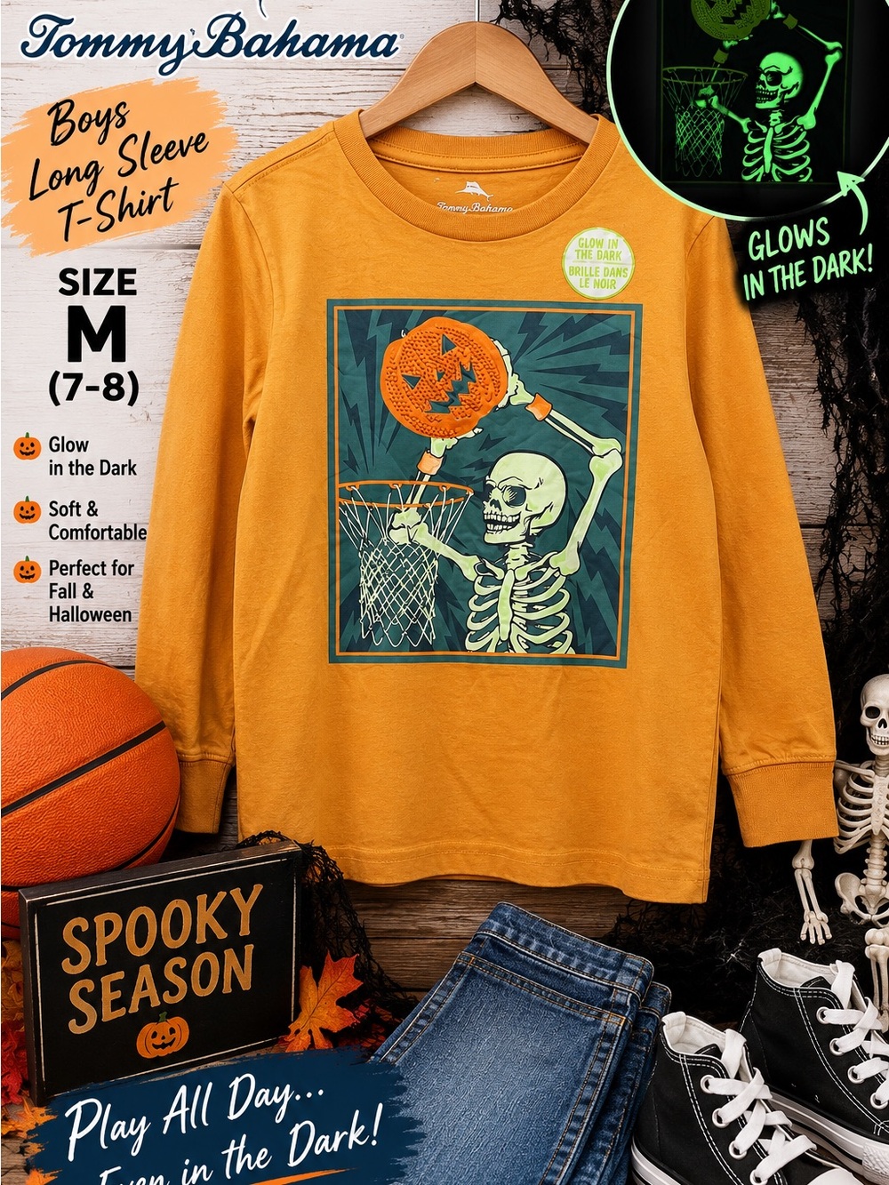 Tommy Bahama Boys' Mustard Long Sleeve Tee with Glow Skeleton Basketball Graphic